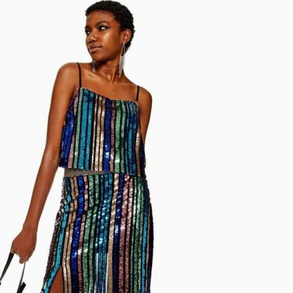 NWT Topshop multicoloured sequin stripe midi skirt, US 0 - Picture 2 of 4